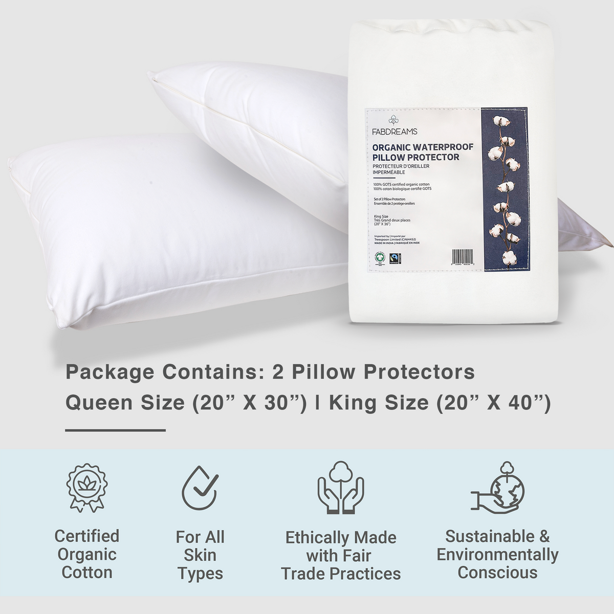 100% Organic Cotton Waterproof Pillow Protectors (Set of 2)